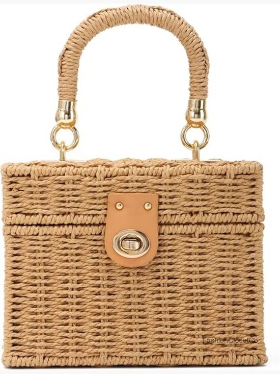 Handbags - Woven Wicker Rattan Purse Straw Tote Bag Summer Beach Vacation Box Bucket Bag